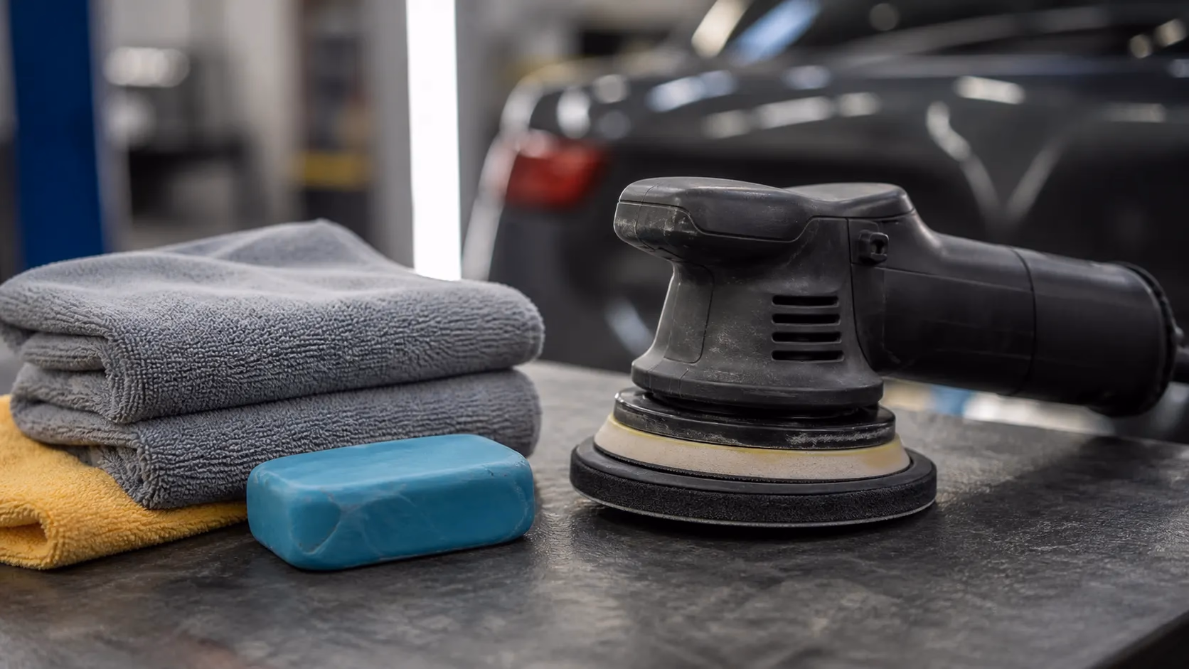 Gros plan sur une barre de clay bar, une polisseuse orbitale et des microfibres posées sur un plan de travail dans un atelier