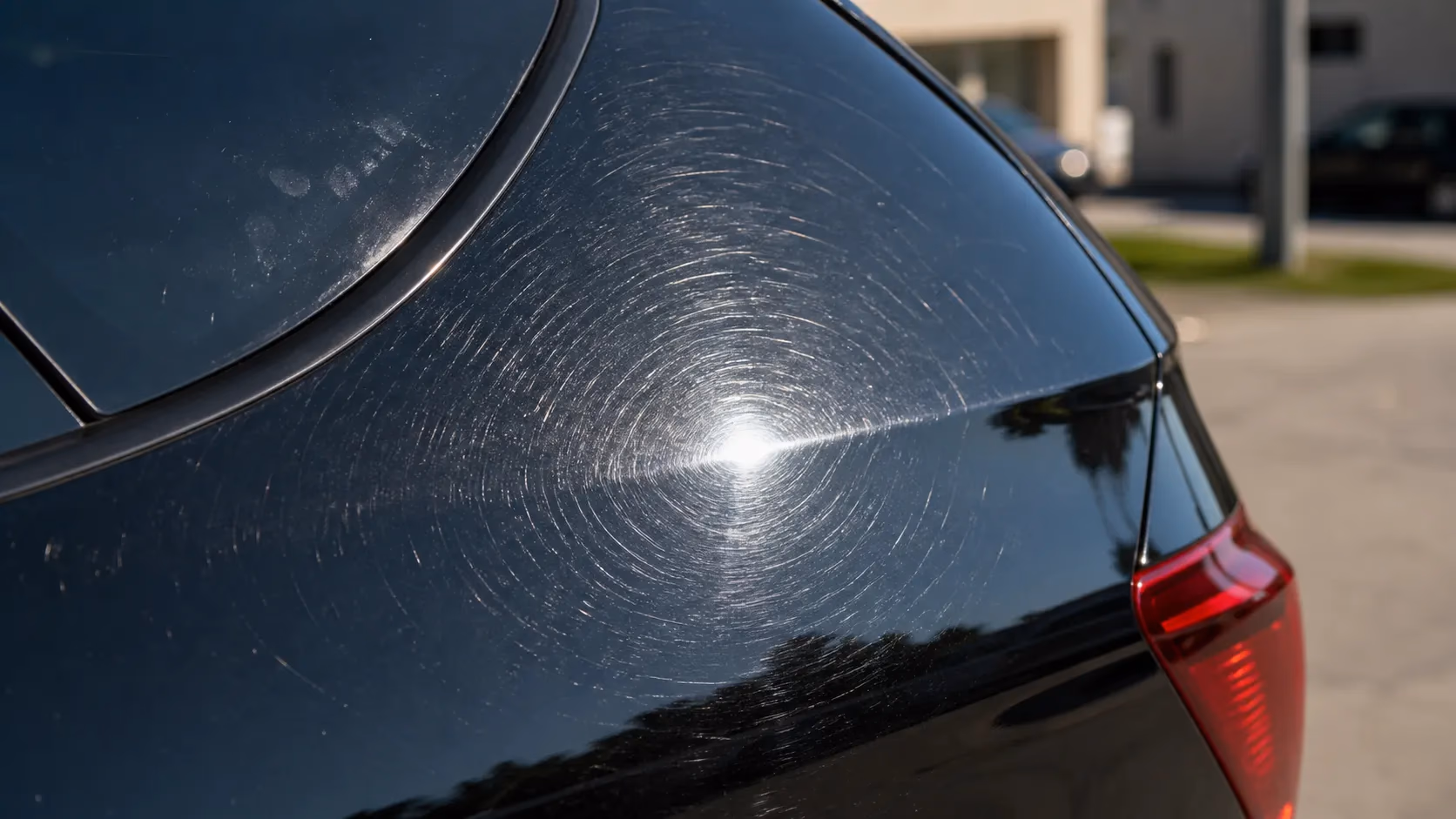 Gros plan sur la carrosserie noire d'une voiture montrant des micro-rayures circulaires sous la lumière du soleil