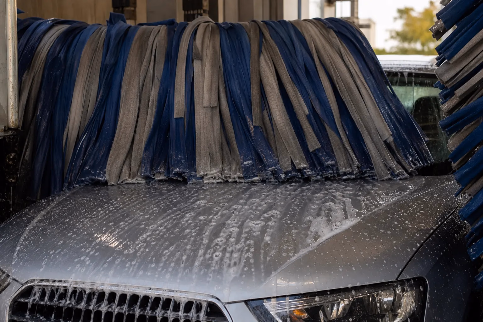 Rouleaux en tissu d&#39;un portique de lavage automatique en train de frotter le capot d&#39;une berline grise, mousse blanche visible
